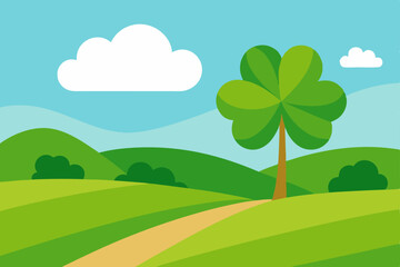 Obraz premium A bright summer day over a green rural landscape with trees, fields, and clouds