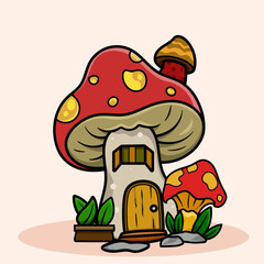 Cute kawaii Fairy Mushroom House cartoon of fantasy landscape with cute tale or game home for little inhabitants for coloring pages, tshirt and education