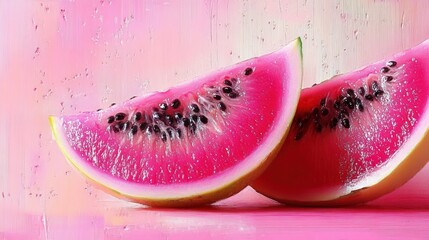 Two vibrant pink watermelon slices with black seeds resting on a smooth pink surface against a soft pink background, evoking freshness and summer vibes