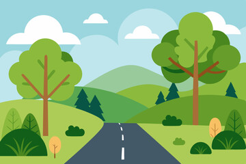 Fototapeta premium Green summer landscape with a road through a forest of trees under a clear sky
