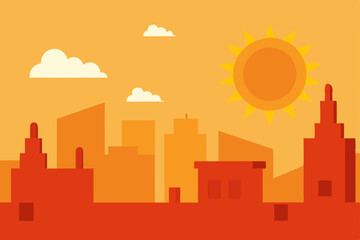 Vibrant urban skyline silhouette at sunrise or sunset with towering city buildings and architectural design