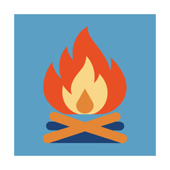 Flat design illustration of a campfire with burning flames on a light blue background