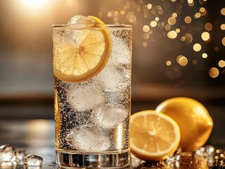 Refreshing glass of sparkling water with ice cubes and a slice of lemon, with whole and halved lemons and bokeh light background creating a warm, inviting atmosphere