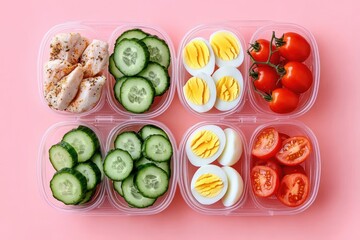 Top view of six clear plastic containers with sliced cucumbers, boiled eggs, cherry tomatoes, and seasoned chicken pieces arranged on a pink background