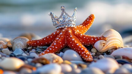 Close-up of a starfish wearing a silver crown on the beach, with shells and smooth stones for ambiance