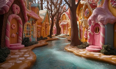whimsical candyland where gingerbread houses sit among lollipop trees and chocolate rivers, Generative AI