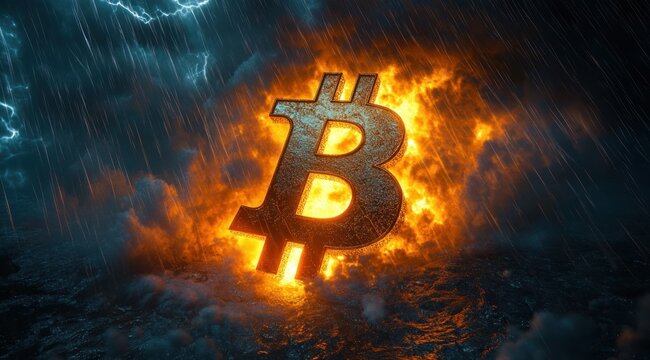 Large metallic bitcoin symbol illuminated by fiery orange flames and surrounded by dark storm clouds and heavy rain, conveying intensity and turmoil
