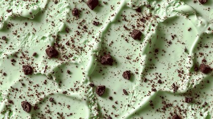 Top view of a texture of mint ice cream with crushed chocolate among it, Generative AI.