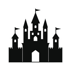 Obraz premium Silhouette of a majestic castle with flags and towers on a clean white background