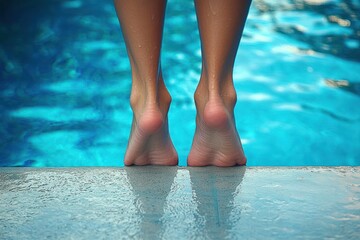 Close-up of wet feet standing on the edge of a pool with clear blue water reflecting light