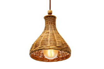 Stylish bamboo pendant light fixture with exposed bulb and woven design, cut out