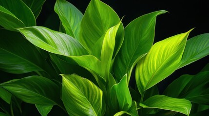 Obraz premium Close-up of vibrant green foliage illuminated by dappled light, with a deep, shadowy background