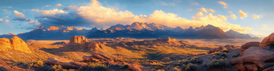 Naklejka premium Vast desert landscape with rocky formations and distant mountain range under a bright sky with fluffy clouds during golden hour