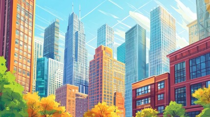 Vibrant Cityscape: Autumnal Hues Among Modern Skyscrapers