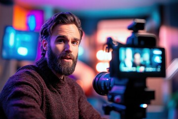 Bearded man wearing a sweater speaking in front of a professional camera setup with colorful blurred background lights, appearing engaged and focused