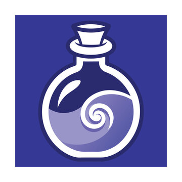 Artistic potion bottle illustration featuring spiral elements with cool gradient colors and a modern design