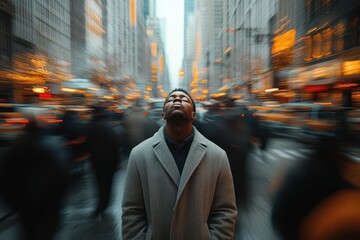 Man in gray coat standing still with eyes closed in busy city street surrounded by blurred moving crowd and glowing lights, evoking calm amidst chaos