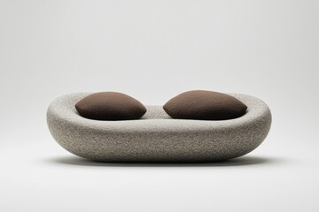 Pebble-shaped two-seater sofa with two brown cushions, light grey speckled fabric, minimalist design on white background