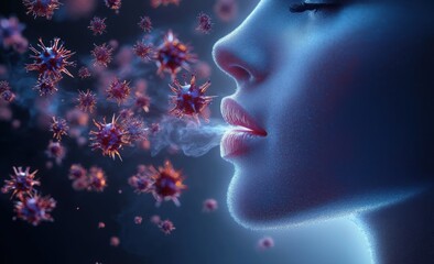 Close-up of a human face exhaling with visible airborne virus particles against a dark blue background, conveying a sense of infection and airborne transmission