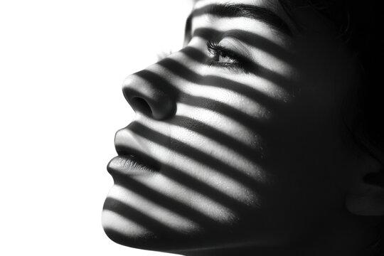 Artistic portrait of young caucasian female in shadow stripes, cut out