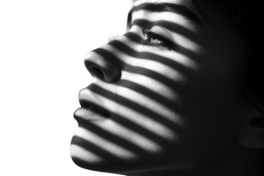 Artistic portrait of young caucasian female in shadow stripes, cut out