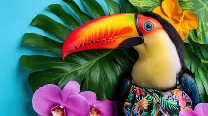 Colorful toucan wearing vacation clothes perched among tropical leaves and flowers