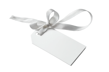 Elegant white gift tag with satin ribbon on black background, cut out