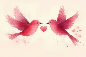 Obraz premium Two red watercolor birds flying facing each other with a small red heart between them on a light background conveying love and affection