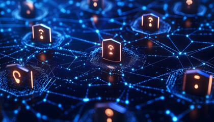 Illuminated question marks on a network of glowing connections.