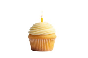 Vanilla cupcake with candle on black background creating minimalist celebration mood, cut out