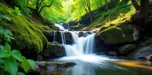 Vibrant springtime waterfall cascading over mossy rocks, sunlight dappling the lush green foliage Perfect for nature, travel, and environmental themes , fresh, refreshing, nature