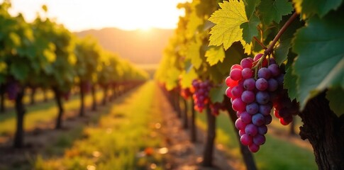 Naklejka premium Sunlight streams through vineyard rows, illuminating ripe grapes hanging heavy on the vines A picturesque autumn scene at a thriving winery Ready for harvest , fruit, farming, autumn