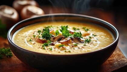 Creamy steaming mushroom soup garnished with fresh parsley and herbs in a dark bowl on a wooden surface, evoking warmth and comfort