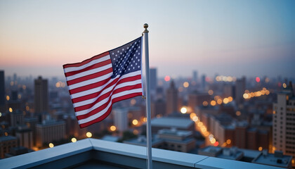 American flag on rooftop with city skyline at dusk