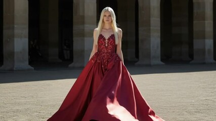 Blonde Woman Twirling in Dramatic Red Dress in City Plaza - Powered by Adobe