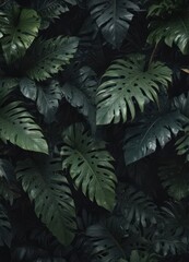 Intricate, dark tropical leaves layered, creating a lush, textured overlay , plant, vignette