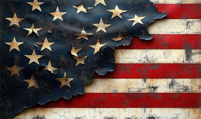Close-up of a weathered and partially torn American flag showing distressed stars and stripes with a rustic and worn texture