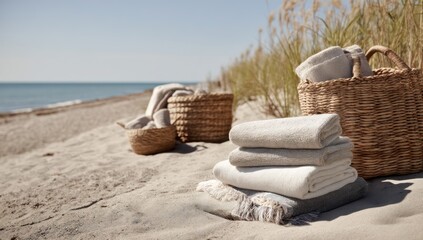Cozy beach scene with cotton towels and woven baskets on the sand, perfect for relaxing.