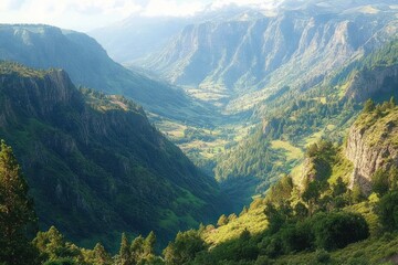 Naklejka premium Sunlit expansive valley surrounded by steep green forested mountains under a partly cloudy sky, showcasing natural beauty and tranquility