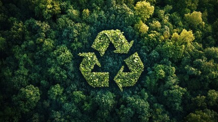 Aerial view of dense green forest with a recycling symbol formed by trees in the center representing environmental sustainability