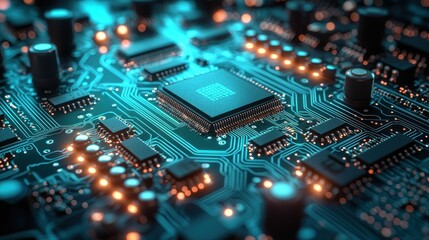 Close-up circuit board with central processor