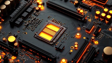 Fototapeta premium Close-up computer motherboard with glowing CPU