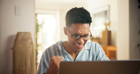 Laptop, freelancer and fist pump with man in home for virtual assistant, appointment success and...