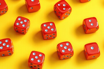 Multiple shiny red dice scattered randomly on a bright yellow background showing different numbers of white dots with clear lighting enhancing vivid colors