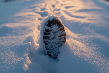 Single boot print partially covered with snow on a sunlit snowy ground with soft shadows