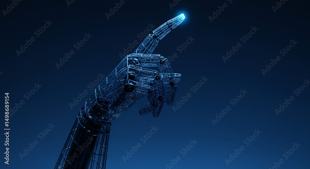 Poster abstract robotic hand pointing with illuminated fingertip against deep blue gradient background repr