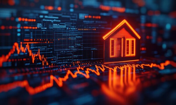Glowing red house icon on a futuristic digital screen with fluctuating graph lines and data overlay representing real estate market trends and technology - Powered by Adobe