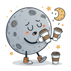 A whimsical illustration of a drowsy moon, anthropomorphized, contentedly sipping five cups of coffee, rendered in grayscale.