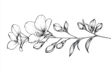one thin and long branch of freesia with closed buds lies horizontally. tattoo design with linear pattern, thin lines, black and white sketch, white background 