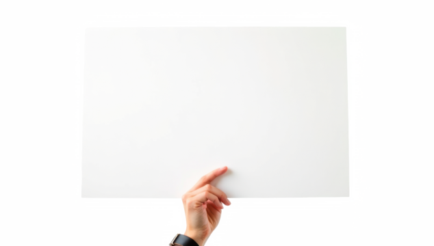 Mano sosteniendo un cartel blanco. Aislada sobre fondo transparente. PNG.